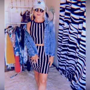 Two piece set blue and orange stripes sporty crop top and skirt size small